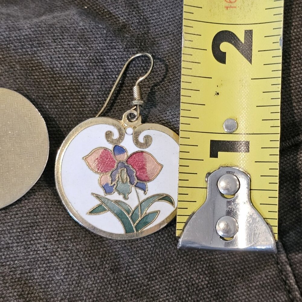 Retro Cloisonne Floral Dangle Earrings Iris Gold Tone Pierced Enameled Iris - Picture 6 of 8